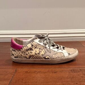 Golden Goose Snake Print Sneakers with Pink Accent